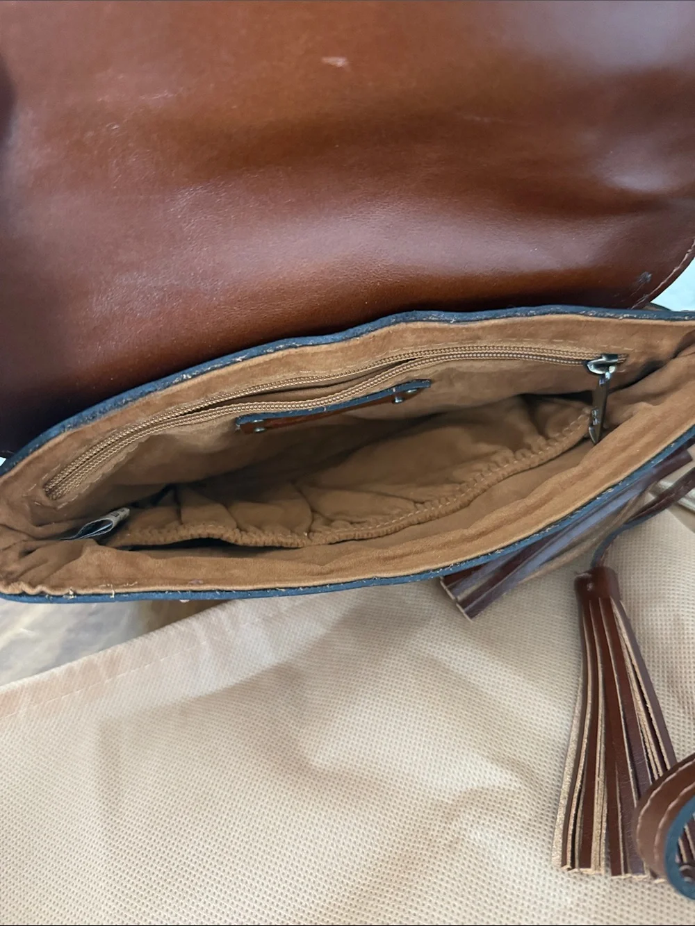 Patricia Nash Chestnut Brown Leather Messenger Bag with Tassel